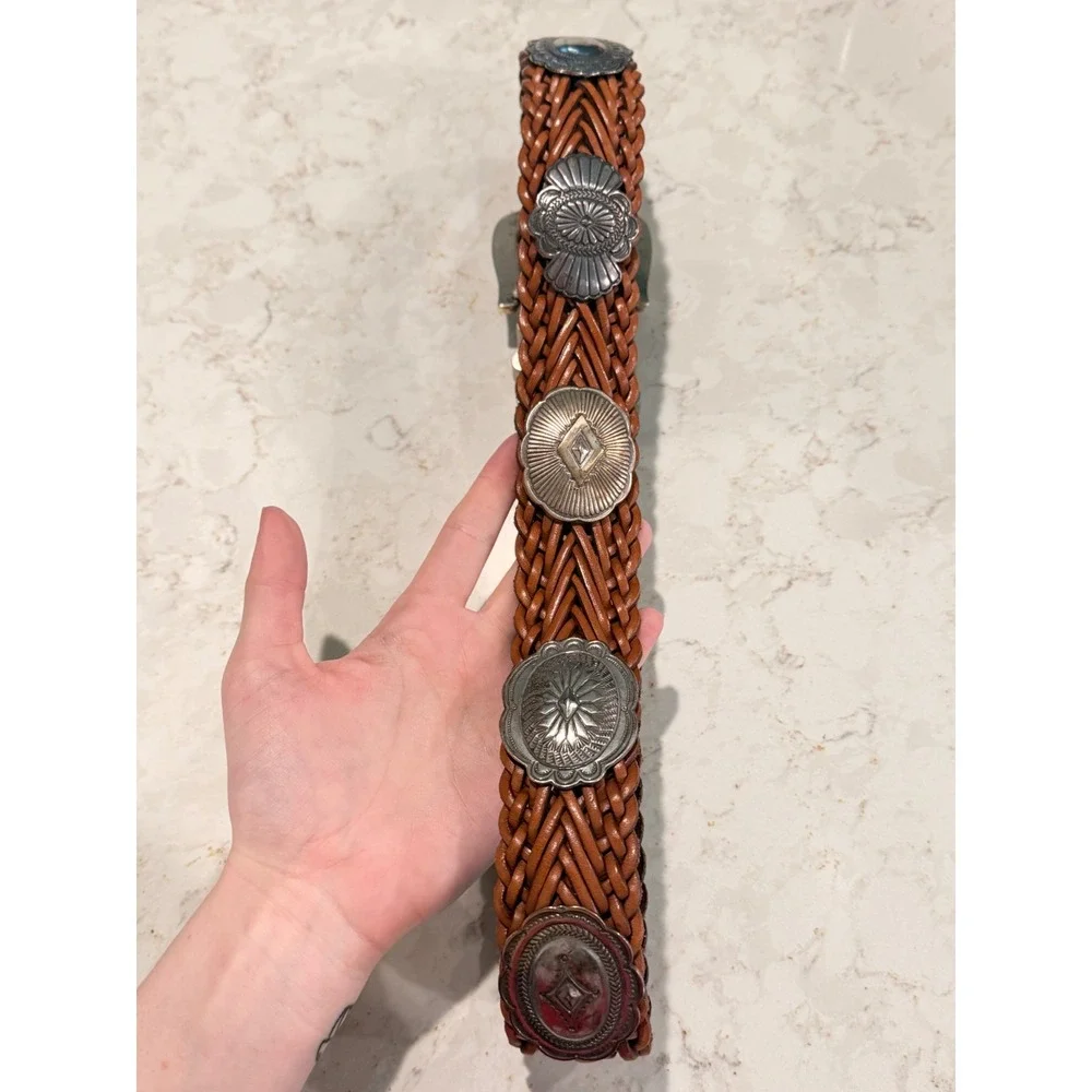 Vintage Braided Leather Concho Belt Brown Western Woven Silver Tone Buckle 69606